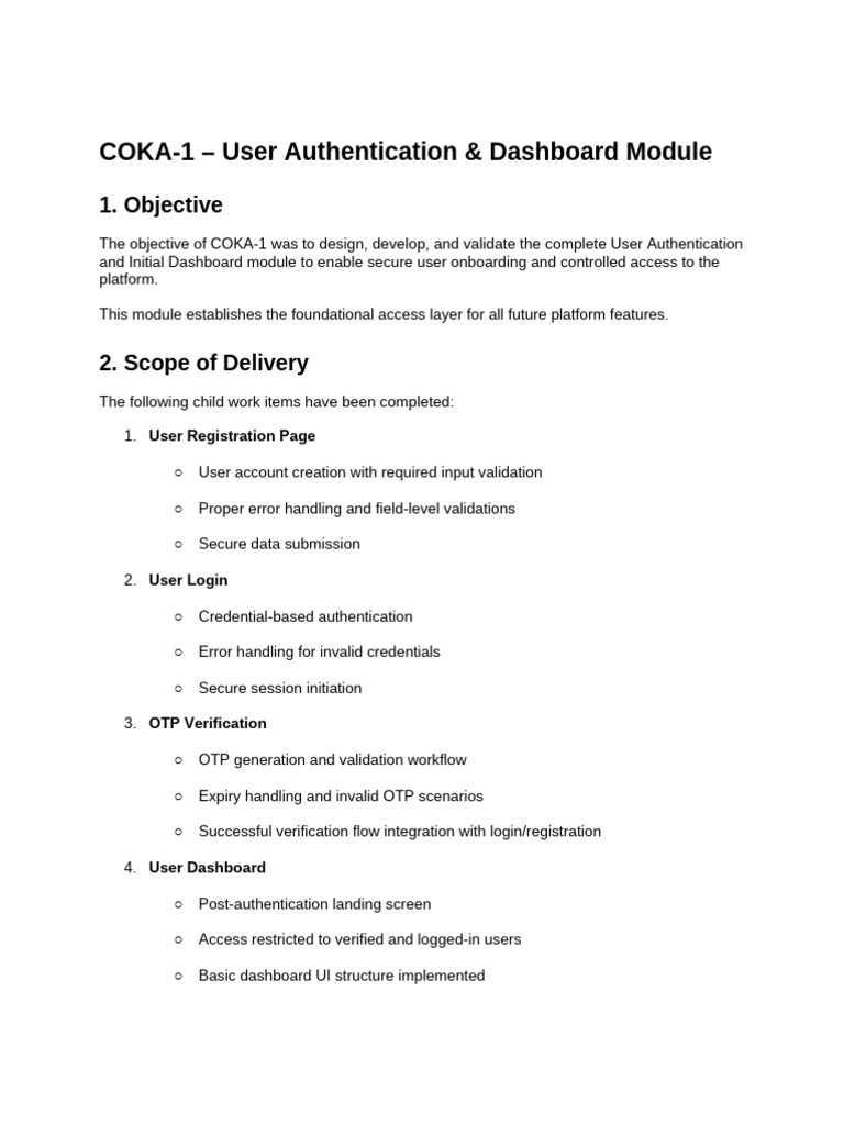 COKA-1 - User Authentication & Dashboard Module | PDF