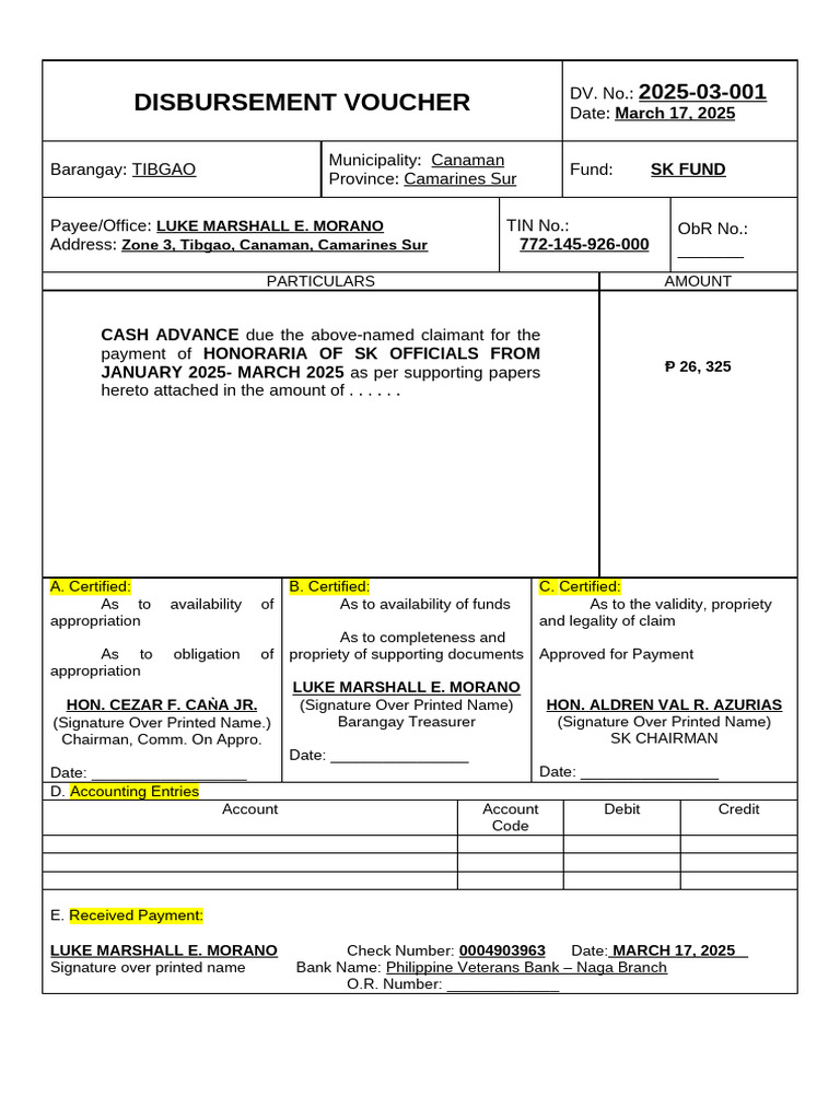 DV Disbursement Voucher | PDF | Payments | Debit Card