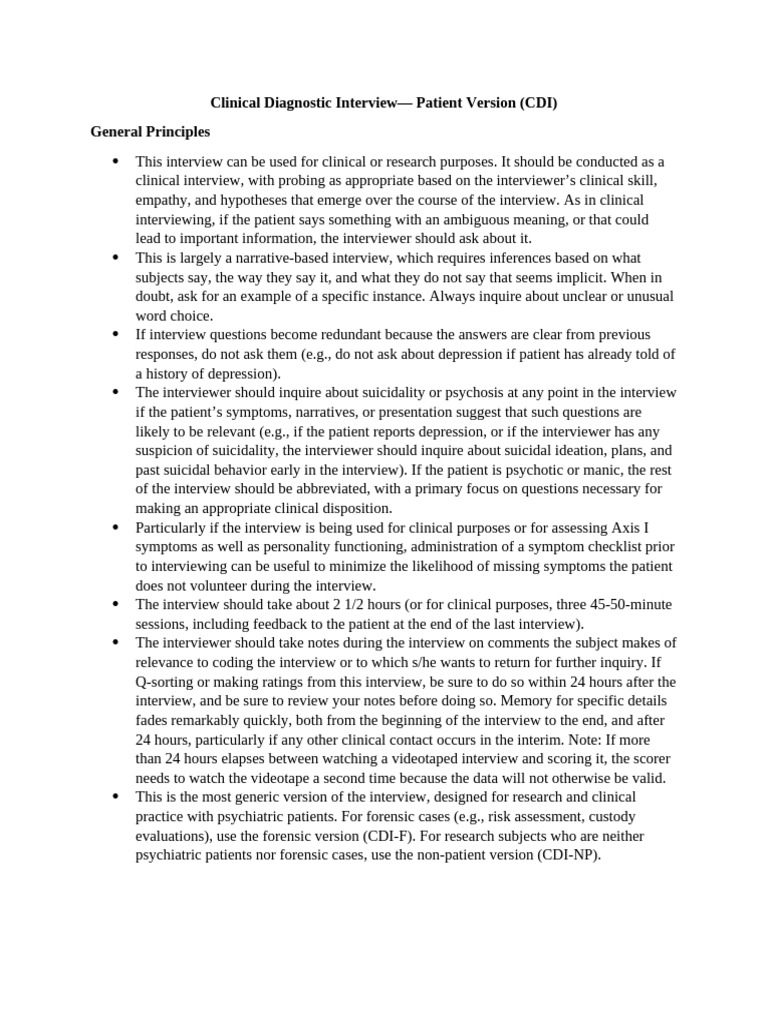 Clinical Dianostic Interview | PDF | Mental Disorder | Major Depressive ...