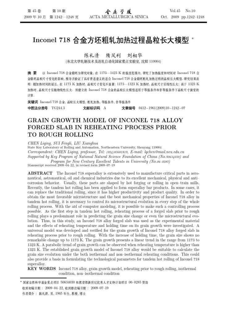 Grain Growth Model of Inconel 718 Alloy Forged Slab in Reheating ...