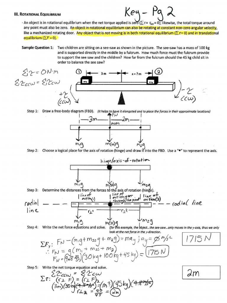 02 Notes Rotational Inertia Static Equilibrium Worked-Out Pgs 1-2 KEY | PDF