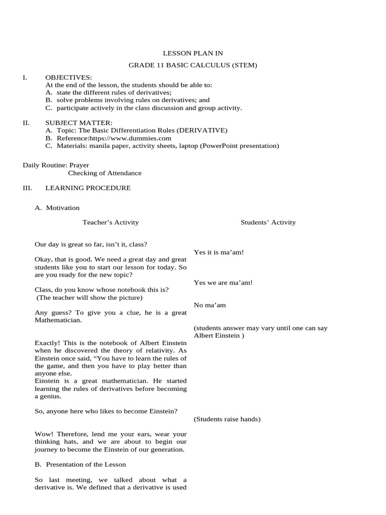 SHS Leson Plan in Basic Calculus - Basic Differentiation Rules | PDF ...