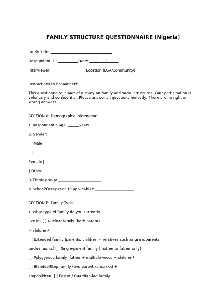 Family Structure Questionnaire | PDF | Family | Statistics