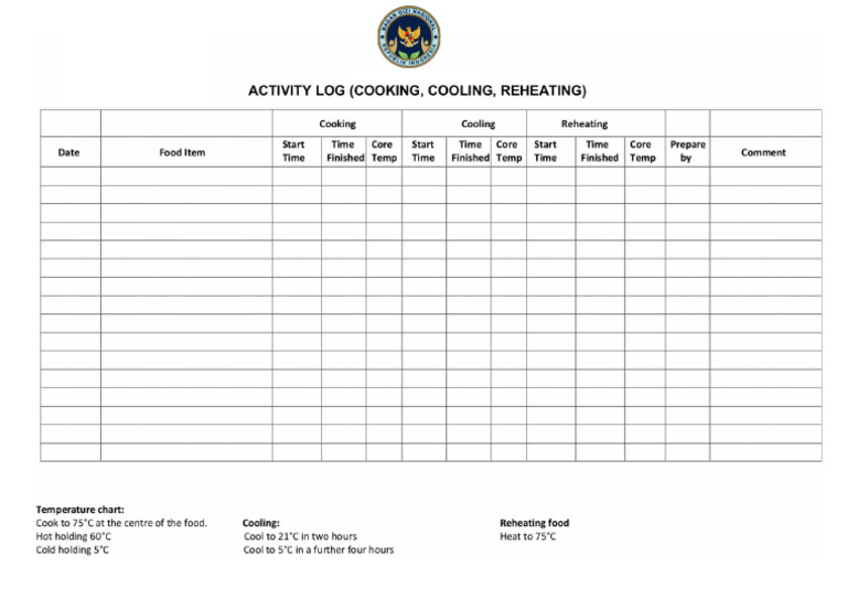 HACCP Form H-1 Activity Log Cooking Cooling Reheating | PDF