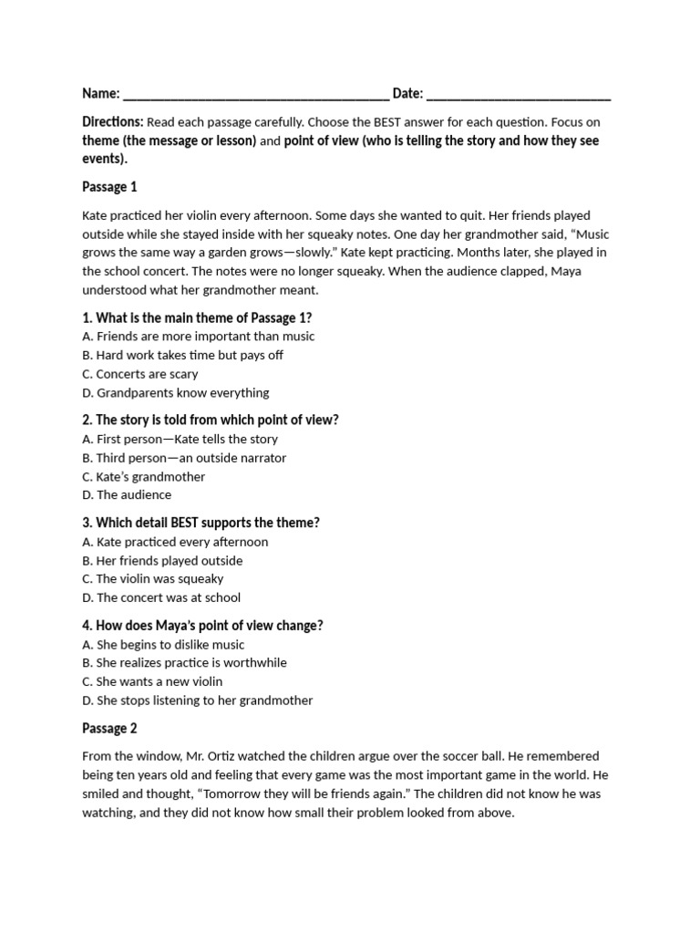Reading Comprehension Test Theme and Point of View | PDF | Narration