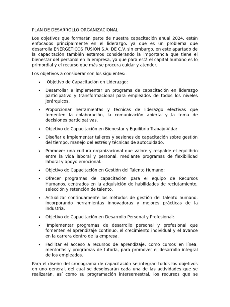 Plan de Desarrollo Organizacional | PDF | Gestión del talento | Economias