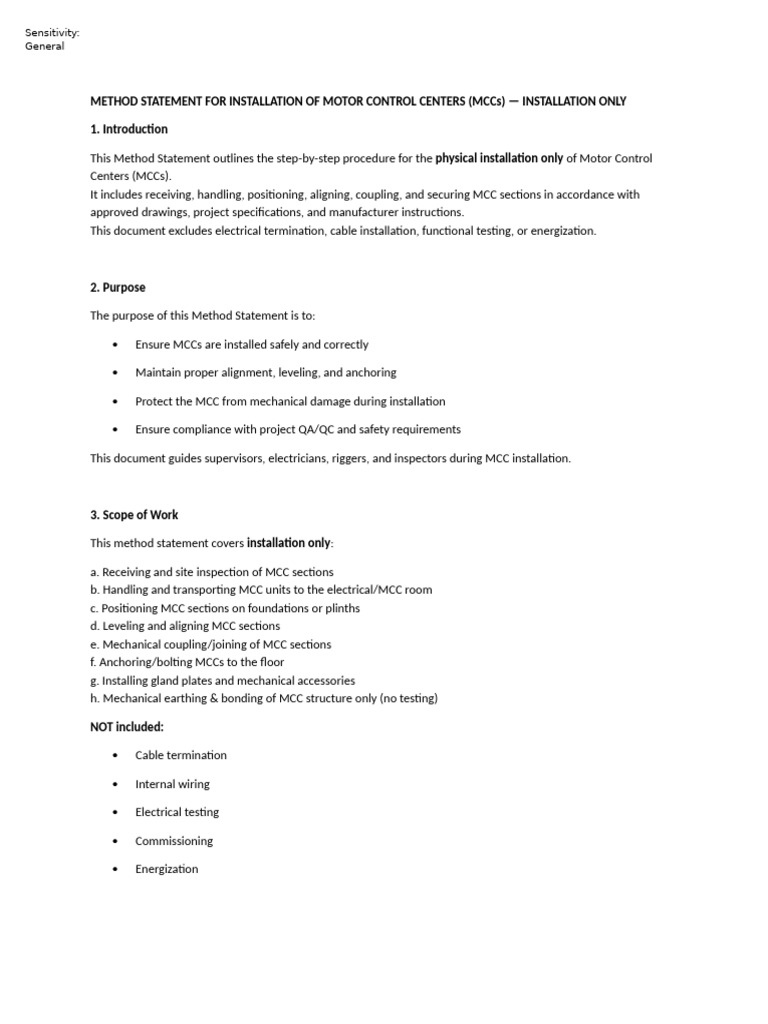 8-Method Statement For Installation of Motor Control Centers | PDF ...