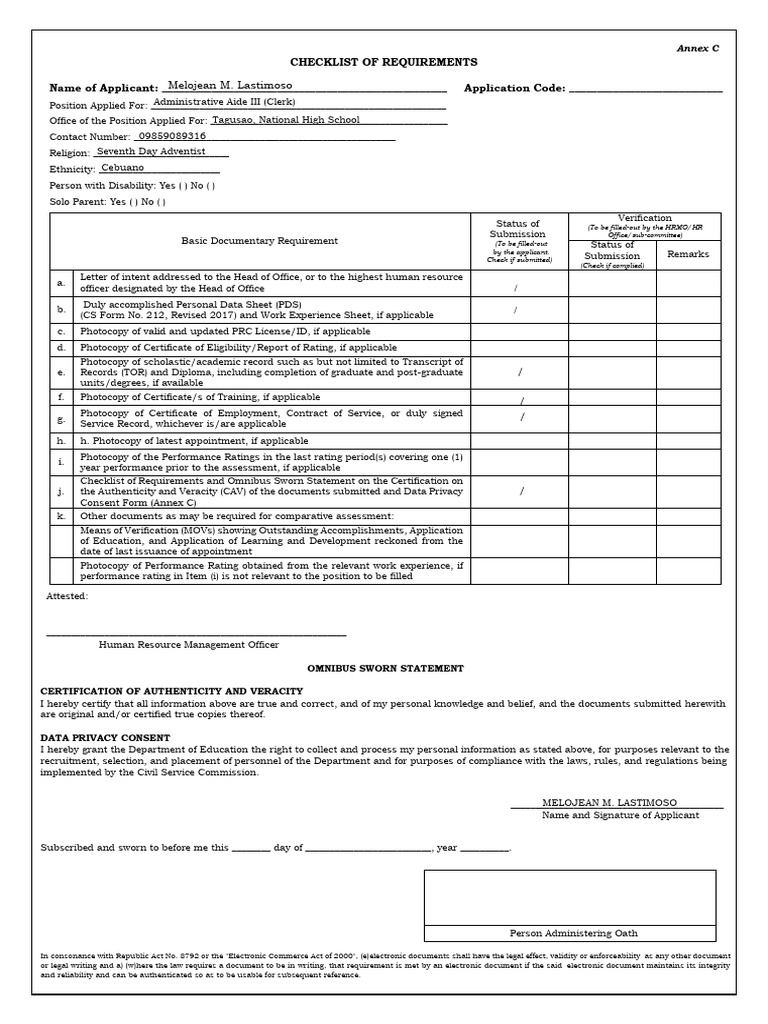 ANNEX C Checklist of Requirements and Omnibus Sworn Statement | PDF ...