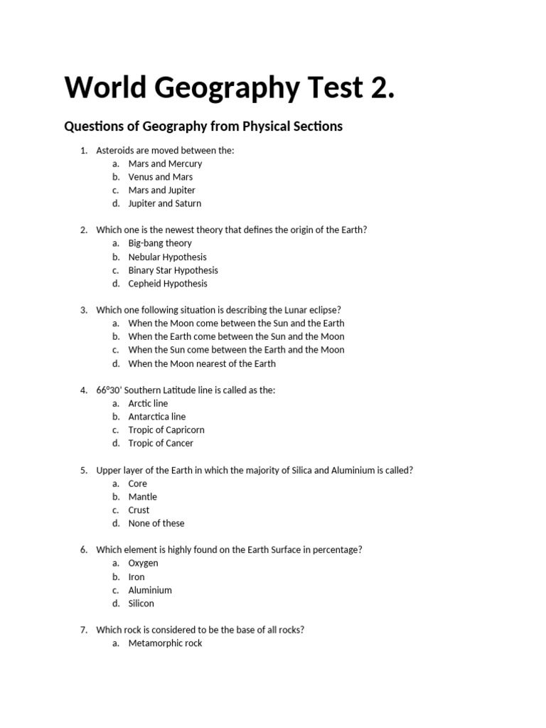 World Geography Test 2. | PDF | Rock (Geology) | Earth