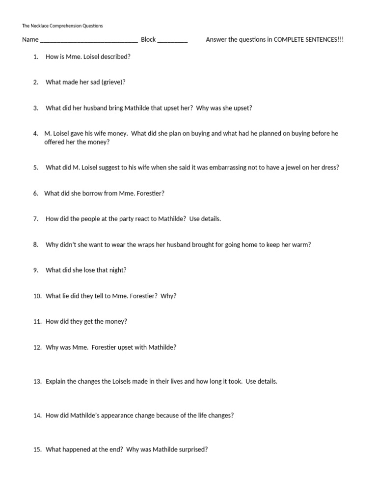 The Necklace Comprehension Questions With Answers | PDF