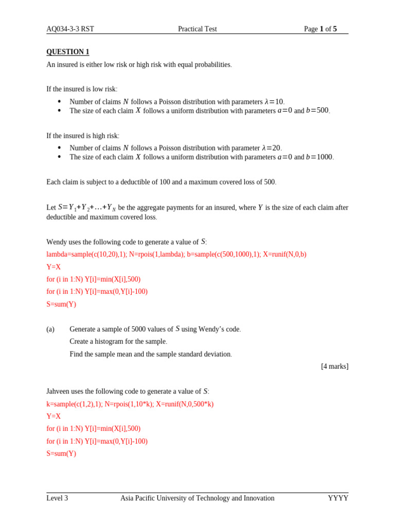 RST Practical Test QP | PDF | Variance | Probability Distribution