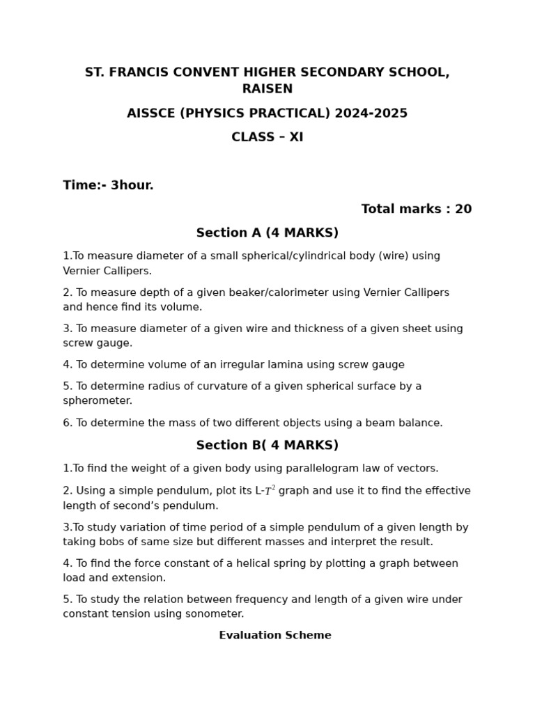 Class 11 TH Final Physics Practical Paper 2024-25 | PDF