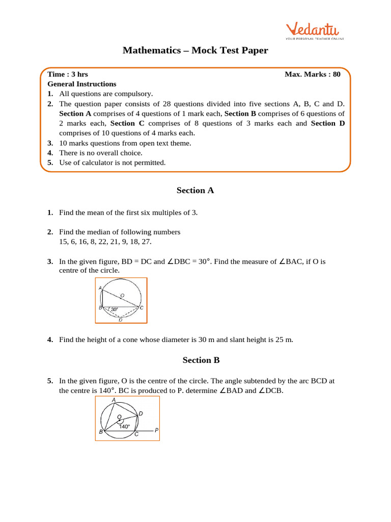 CBSE Sample Question Papers For Class 9 Maths - Mock Paper 1 | PDF ...