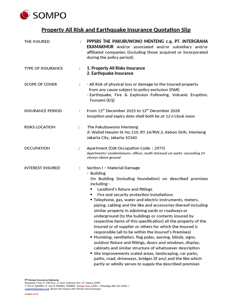 Pakubuwono PAR + EQ New Quotation 2025 | PDF | Insurance
