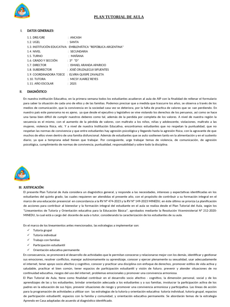 Plan Tutorial de Aula - 2a | PDF | Salón de clases | Aprendizaje