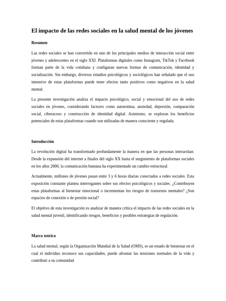 El Impacto de Las Redes Sociales en La Salud Mental de Los Jóvenes ...