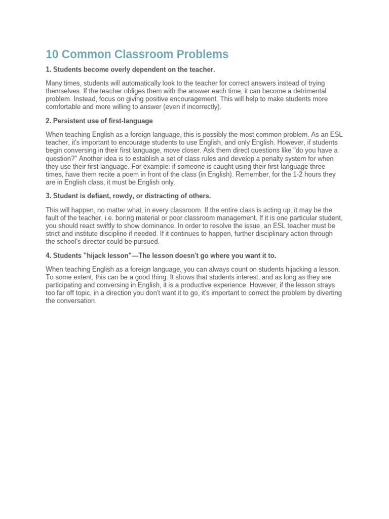 10 Common Classroom Problems | PDF | English As A Second Or Foreign ...