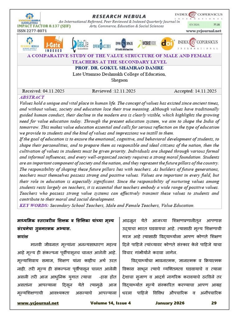 A Comparative Study of The Value Structure of Male and Female Teachers ...