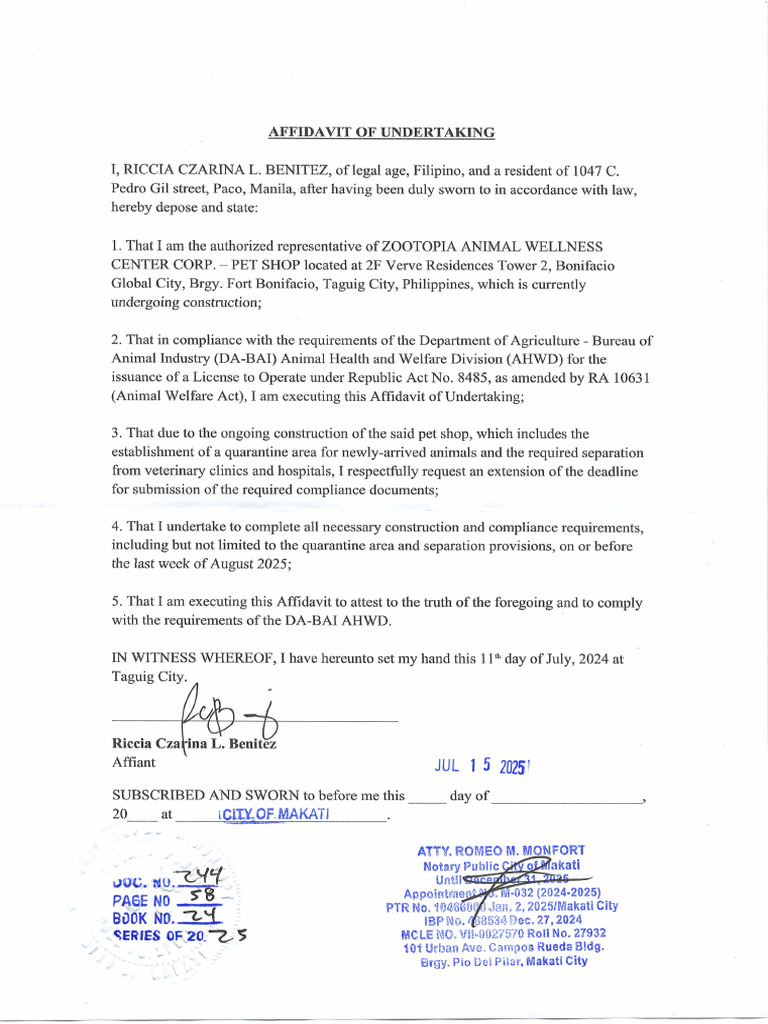 Affidavit of Undertaking | PDF