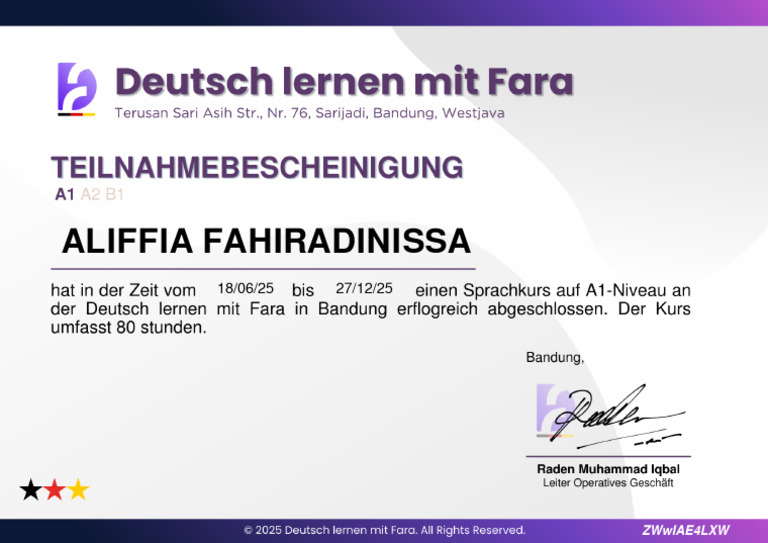 Certificate of Completion Level A1 - Deutsch Lernen Mit Fara | PDF