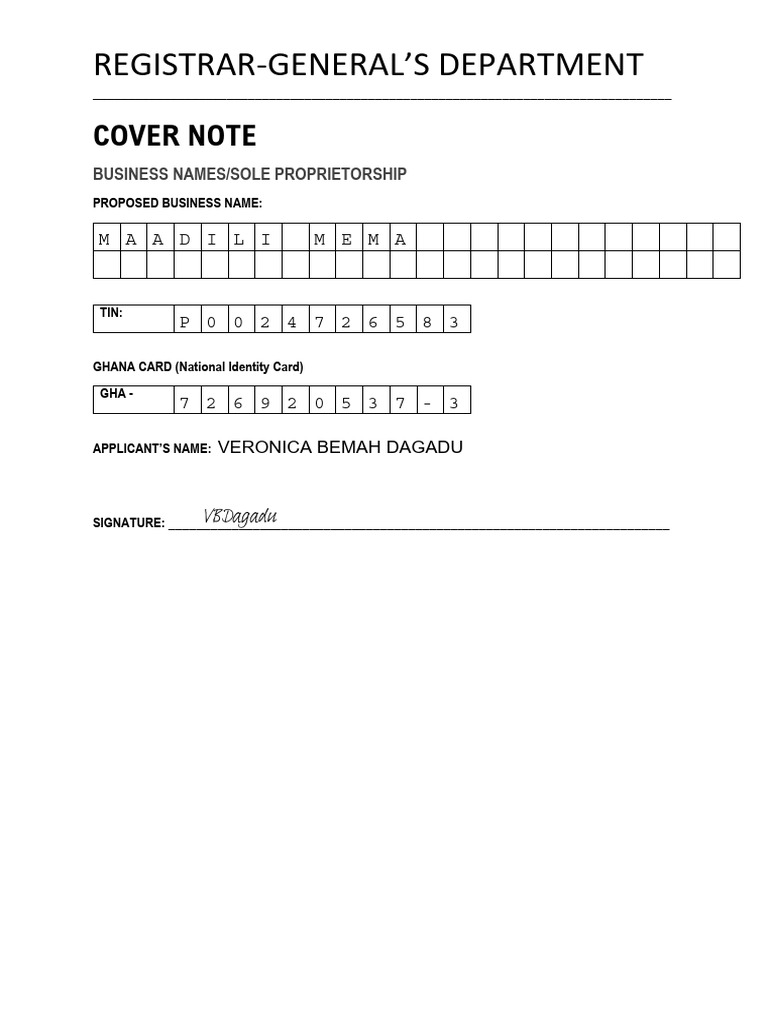 COVER NOTE Businessname | PDF