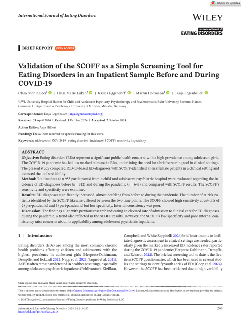 Article Intl J Eating Disorders - Validation of The SCOFF As A Simple ...