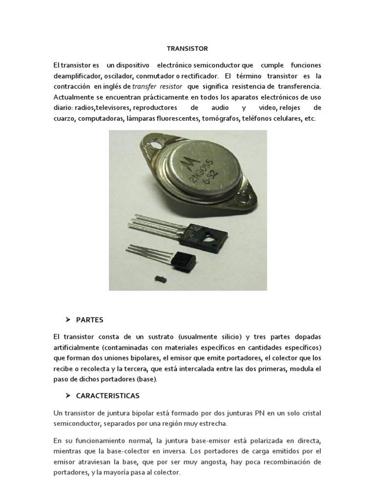 Transistor Partes, Caracteristicas & Tipos PDF Transistor
