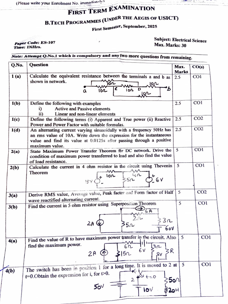 Electrical Science Mid Term Sept 2025 | PDF | Electrical Network ...