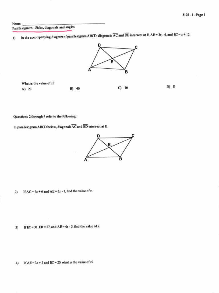 2 Parallelograms Diagonals Sides Angles WS #1-11 Blank & Key | PDF ...