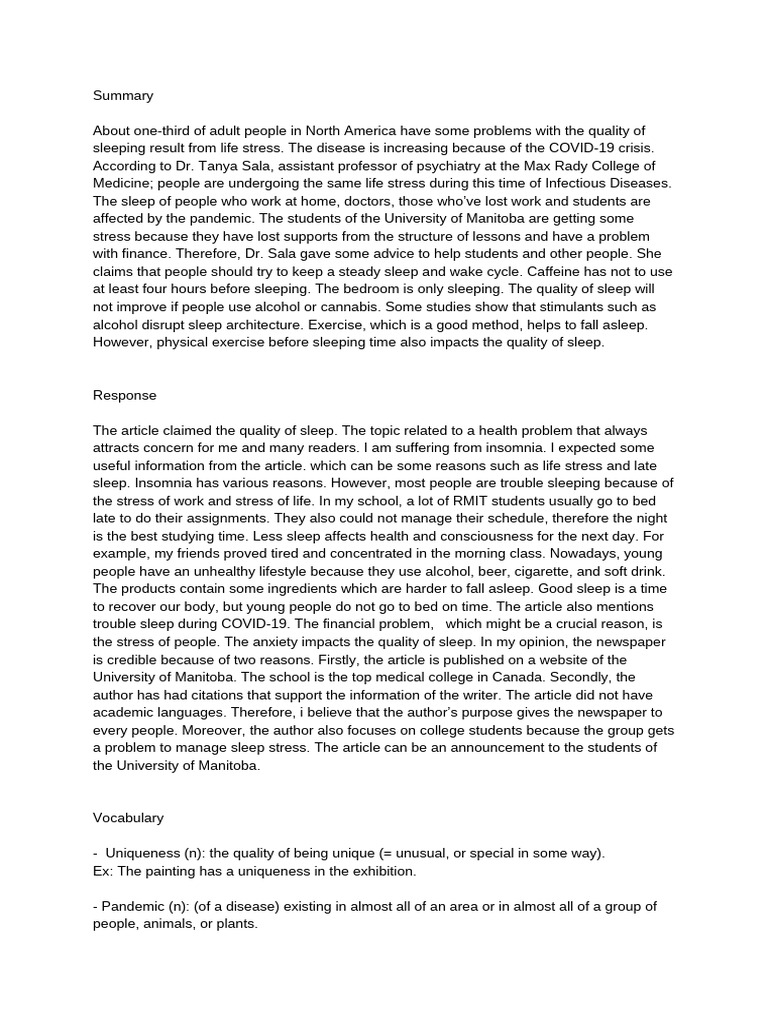 Reading Response 1 | PDF | Sleep | Insomnia