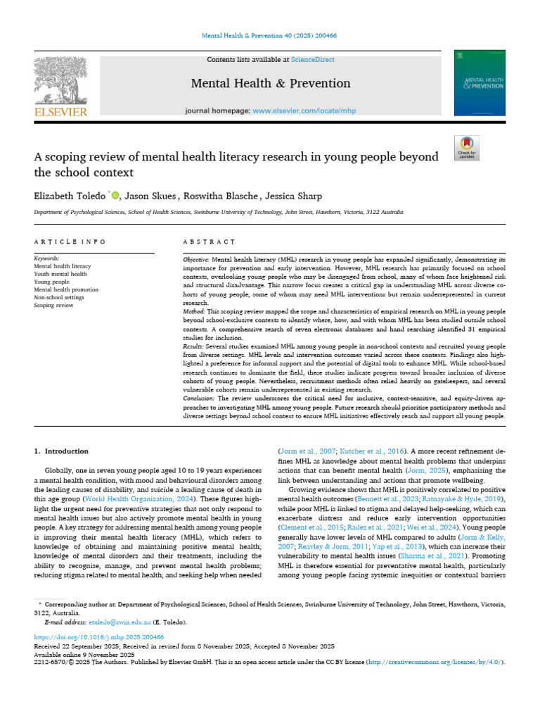A Scoping Review of Mental Health Literacy Research in 2025 Mental ...