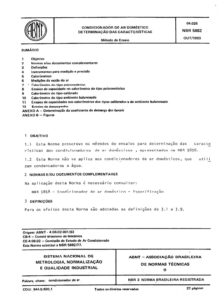 NBR 5882 - Condicionador de Ar Domestico - Determinacao Das | PDF ...
