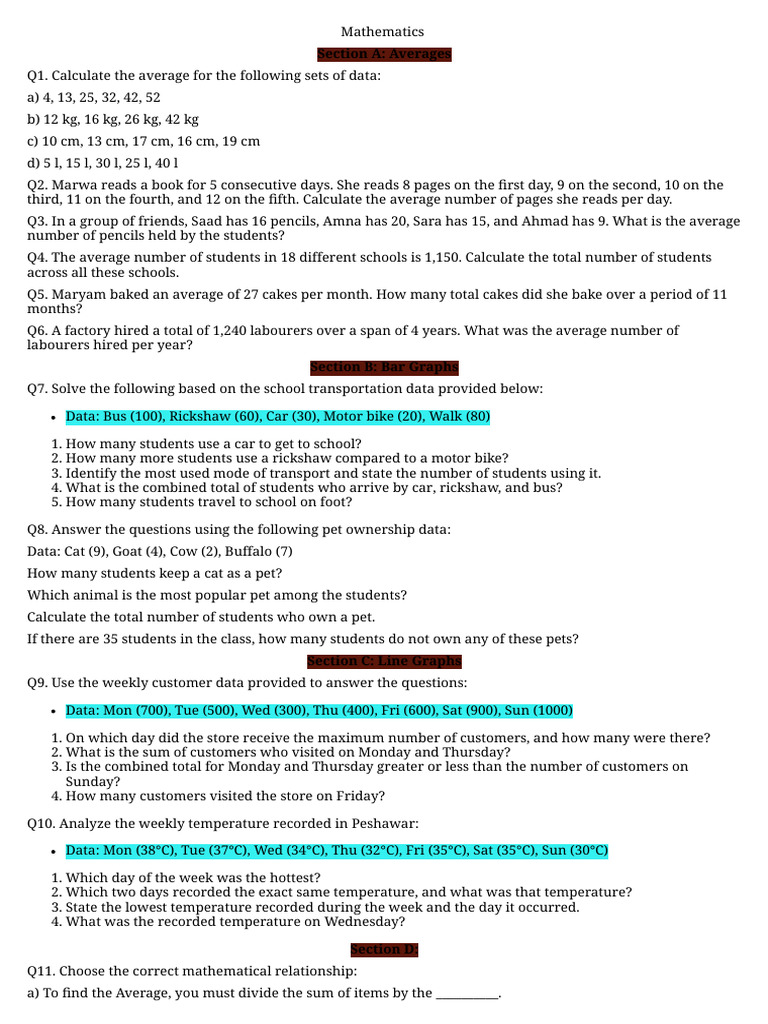 Maths - Data Handling Test | PDF