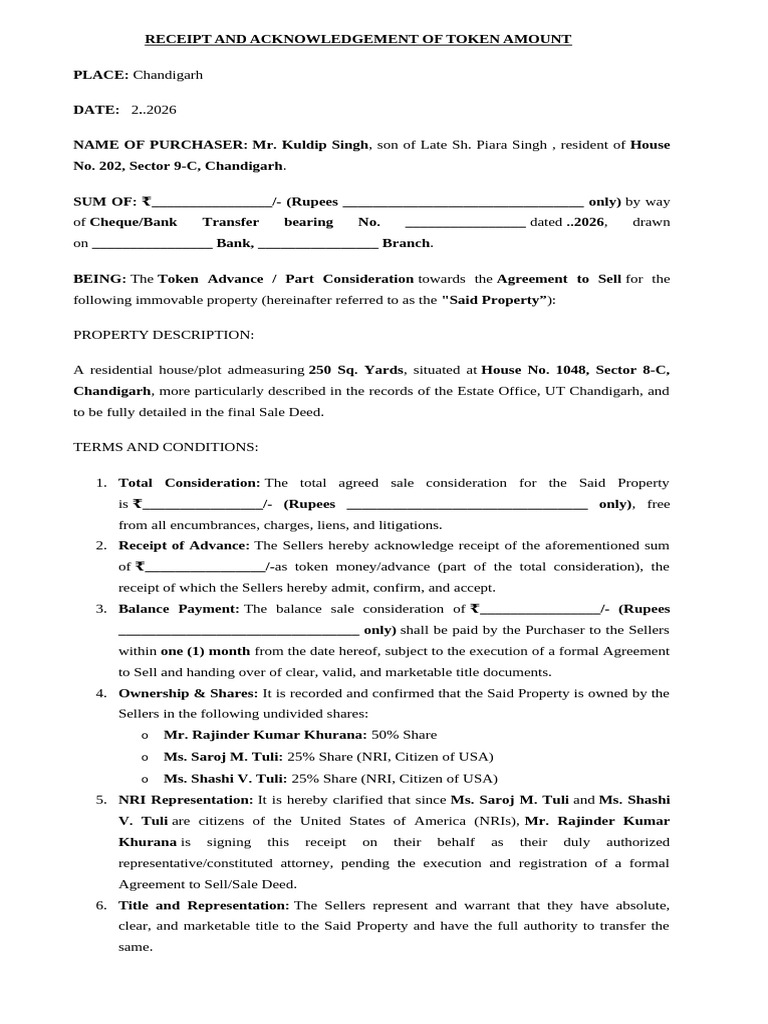 Receipt and Acknowledgement of Token Amount | PDF | Receipt | Natural ...