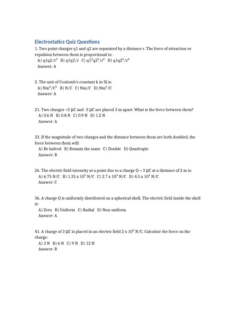 Electrostatics Quiz Questions | PDF