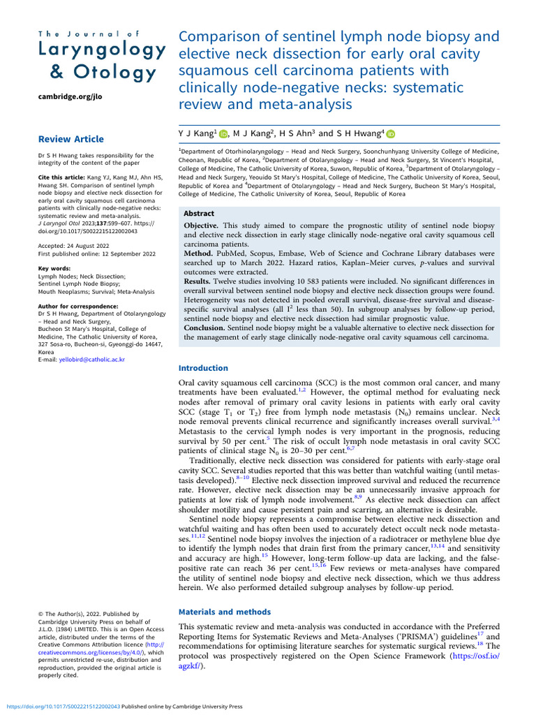 Comparison of Sentinel Lymph Node Biopsy and Elective Neck Dissection ...
