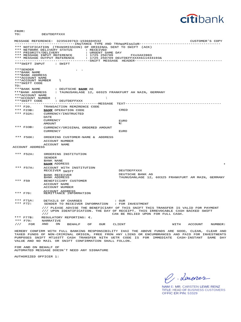 Citibank Swift Mt199 Confirmation | PDF | Transmission Control Protocol