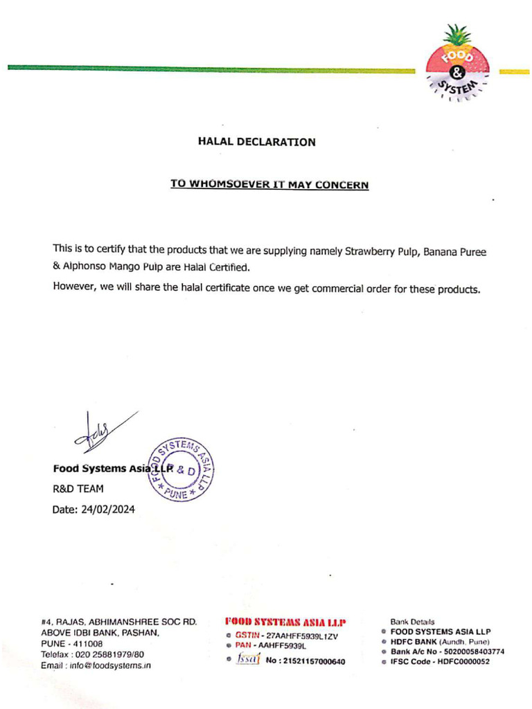 Halal Declaration - Fruit Pulps | PDF