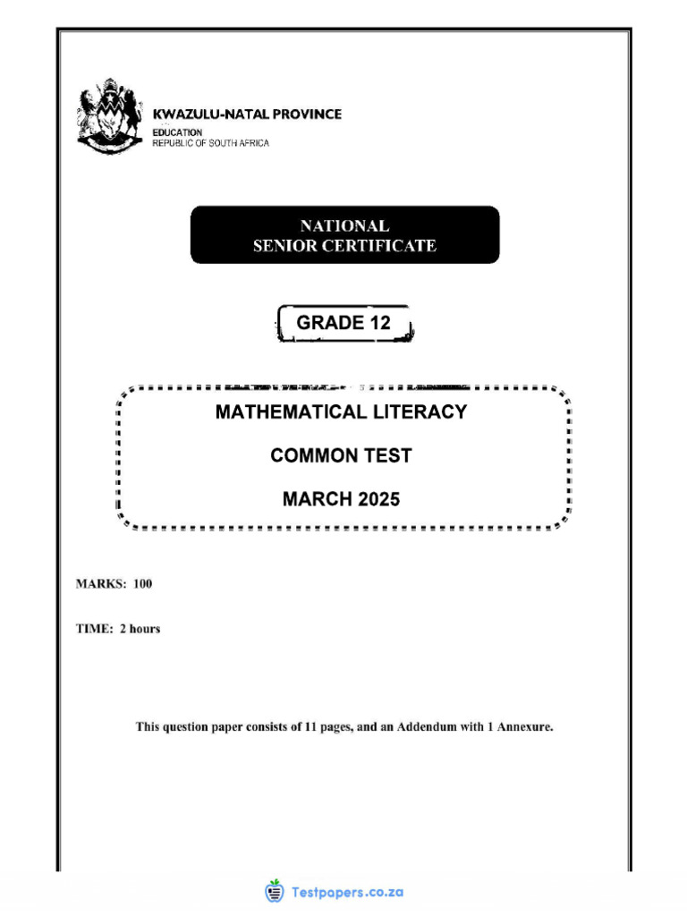 Mathematical Literacy Maths LIT Grade 12 QP March 2025 KZN | PDF