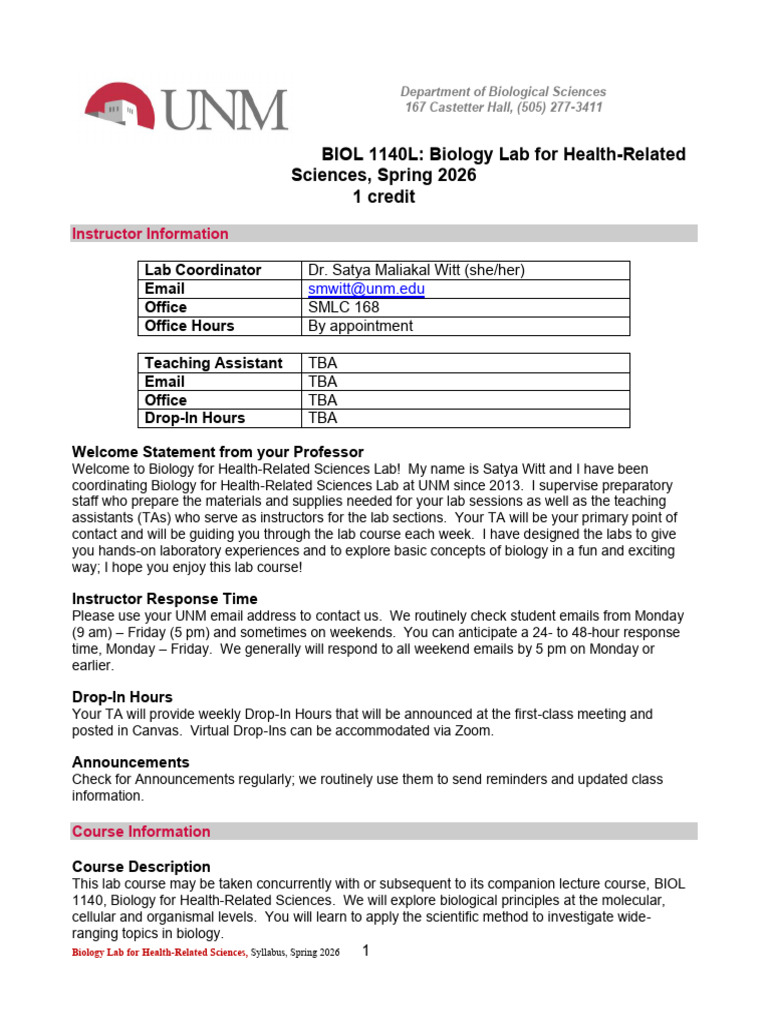 BIOL1140L Syllabus SP26 | PDF | Microsoft Office | Course Credit