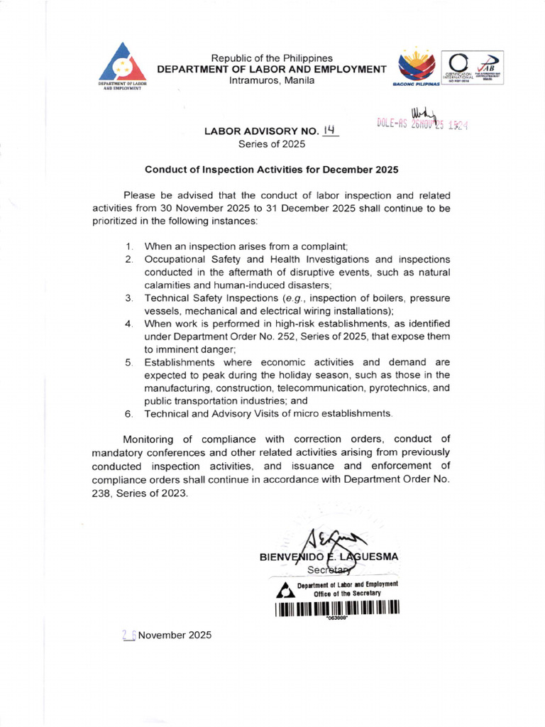 Labor Advisory No. 14 - 25 Conduct of Inspection Activities For ...