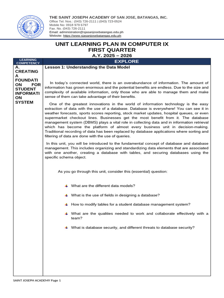 Learning Plan g9 1stq 2024 2025 | PDF | Databases | Microsoft Sql Server