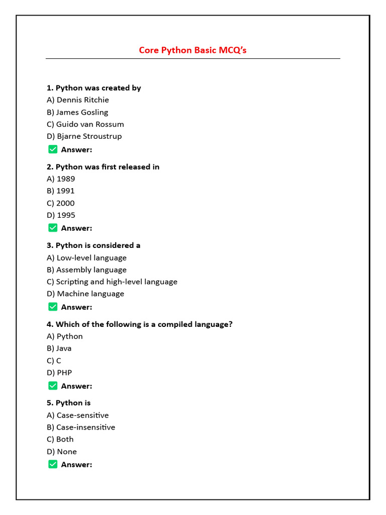 Core Python Basic Questions and MCQ 3 | PDF | Python (Programming ...