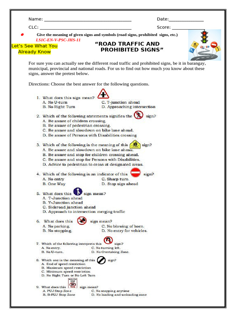 5-Ls1 Eng-Road Traffic and Prohibited Signs-Worksheets | PDF | Chess ...