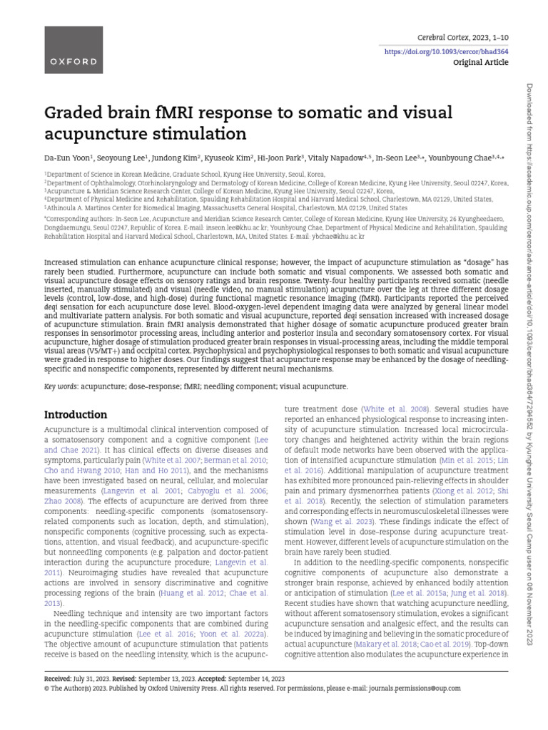 2023 - Graded Brain FMRI Response To Somatic and Visual Acupuncture ...