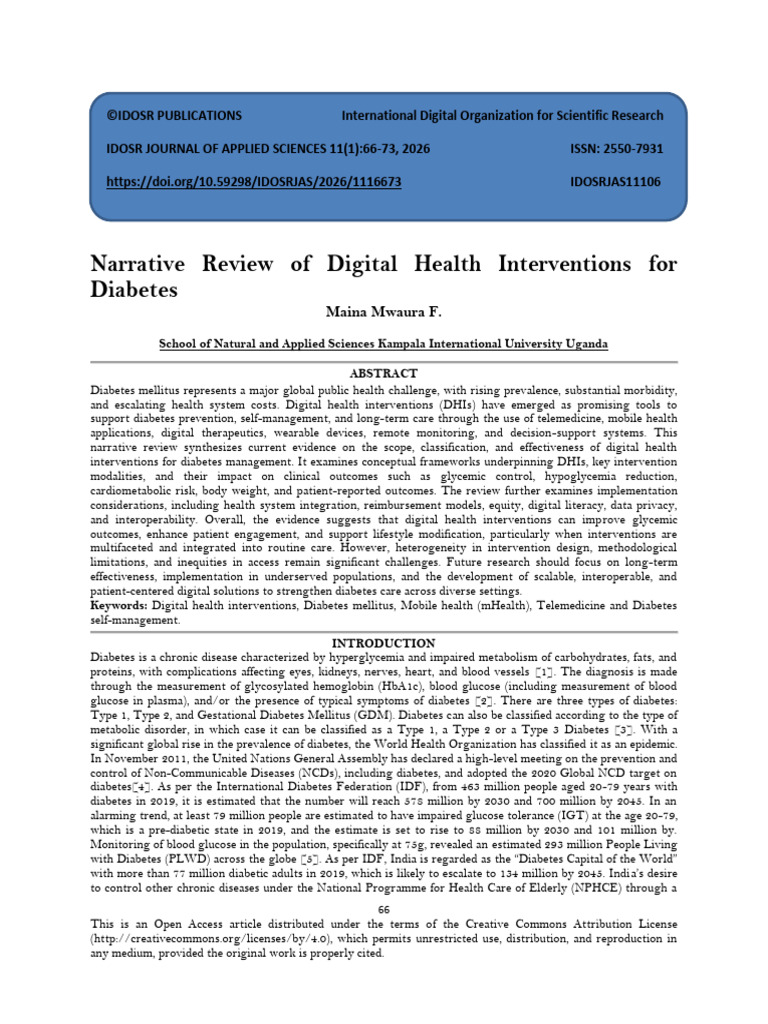 Narrative Review of Digital Health Interventions For Diabetes (WWW ...