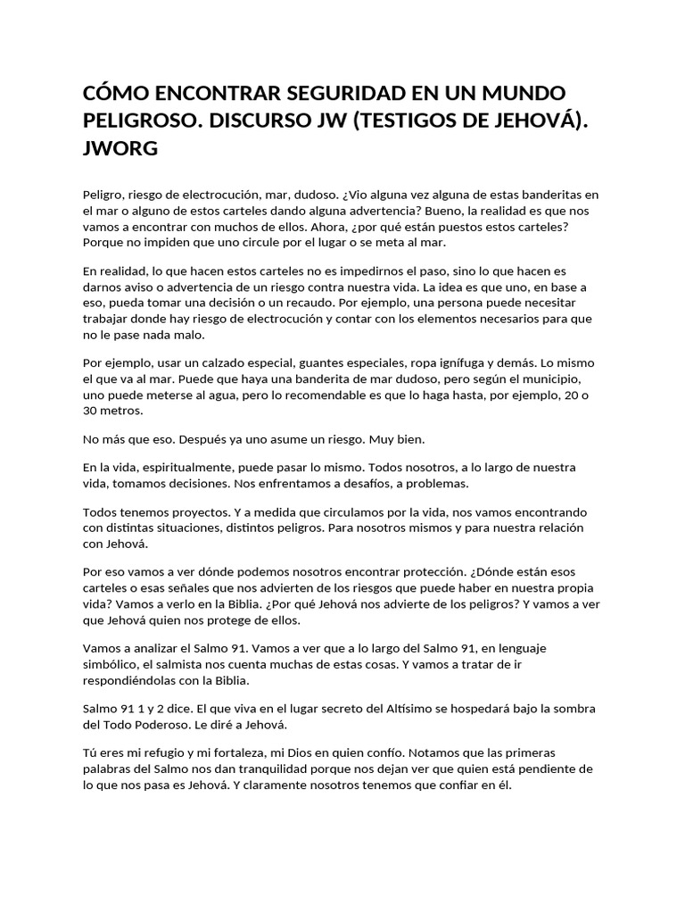 Cómo Encontrar Seguridad en Un Mundo Peligroso. Discurso JW (Testigos ...