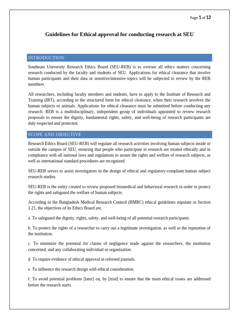 Guidelines For Ethical Approval For Conducting Research SEU | PDF ...