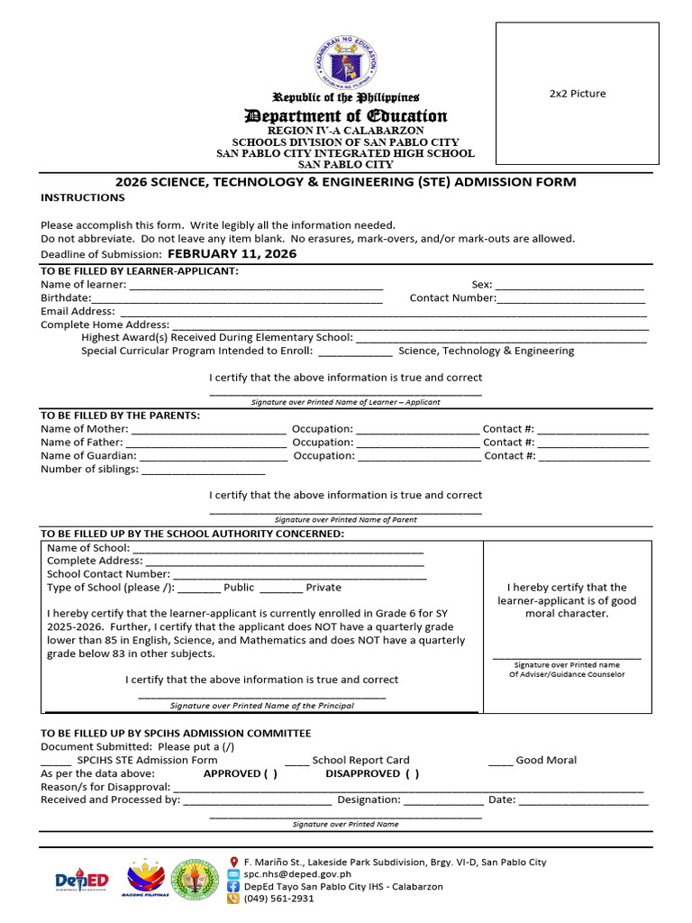 Spcihs Ste Admission Form | PDF