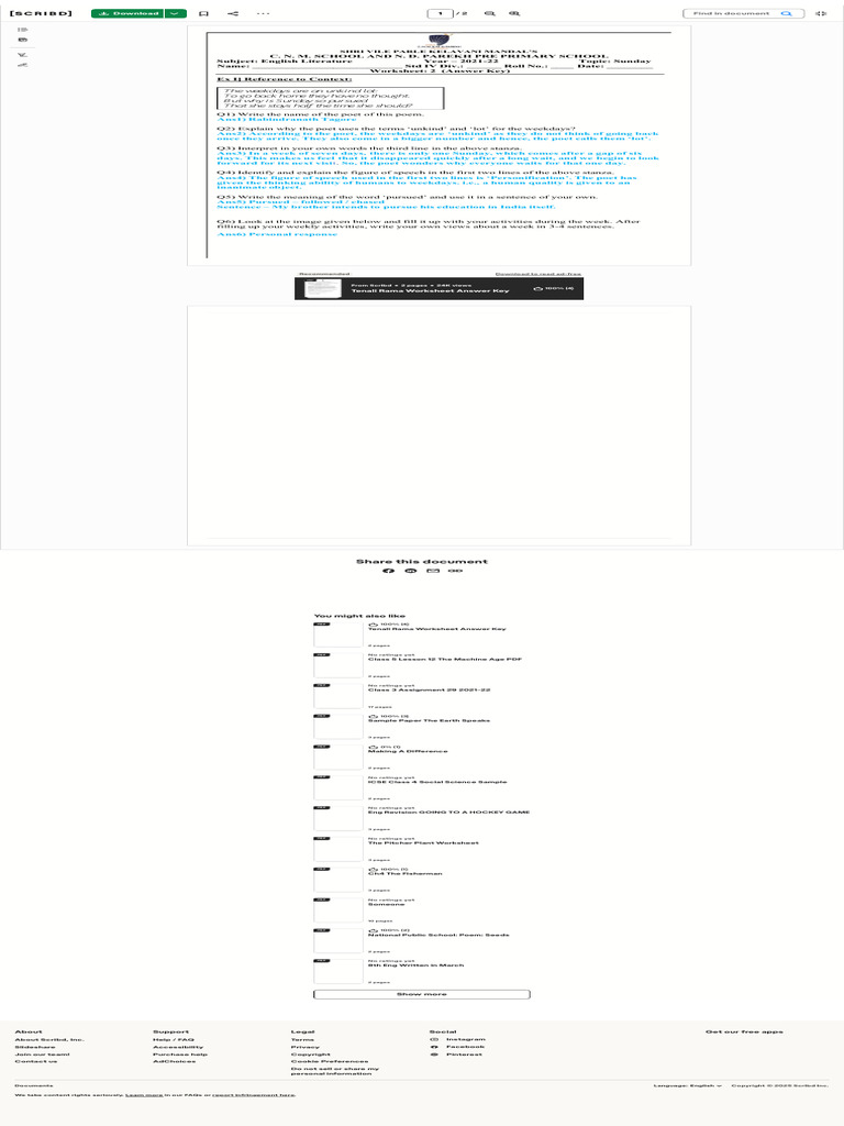 Sunday Poem Answer Key PDF | PDF | Scribd